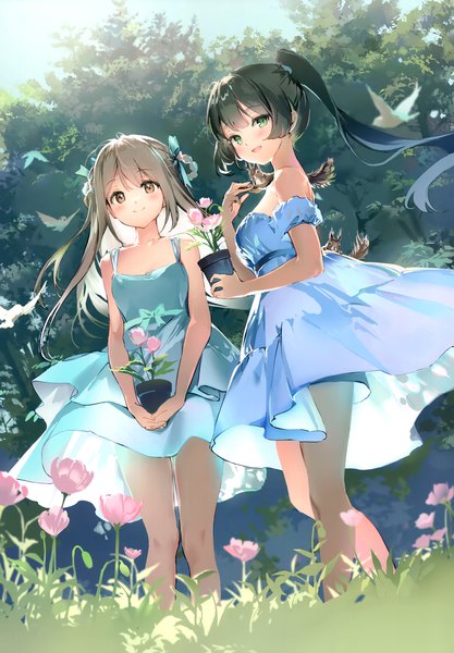 Anime picture 2406x3464 with original anmi long hair tall image blush fringe highres open mouth black hair smile brown hair standing multiple girls holding brown eyes green eyes looking away outdoors :d wind