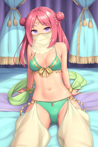 Anime picture 830x1250 with original sasaame single long hair tall image looking at viewer fringe breasts open mouth light erotic sitting purple eyes bare shoulders payot cleavage red hair indoors traditional clothes arm support bare belly