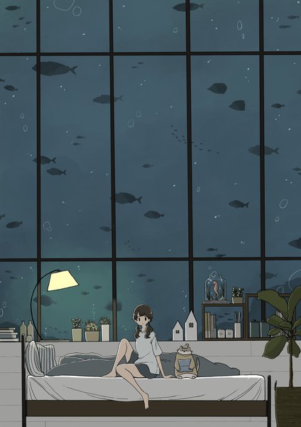 Anime picture 1448x2048 with original east sha2 single long hair tall image looking at viewer brown hair sitting twintails black eyes low twintails girl plant (plants) animal window bed cat bubble (bubbles) t-shirt fish (fishes)