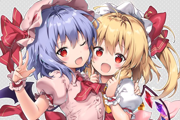 Anime picture 1280x855 with touhou flandre scarlet remilia scarlet riichu blush fringe short hair open mouth blonde hair smile hair between eyes red eyes multiple girls blue hair upper body ahoge ponytail one eye closed wink short sleeves