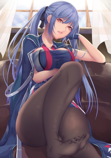 Anime picture 1240x1754 with azur lane essex (azur lane) shiro usagi single long hair tall image looking at viewer blush fringe breasts light erotic hair between eyes sitting twintails brown eyes payot blue hair braid (braids) parted lips head tilt