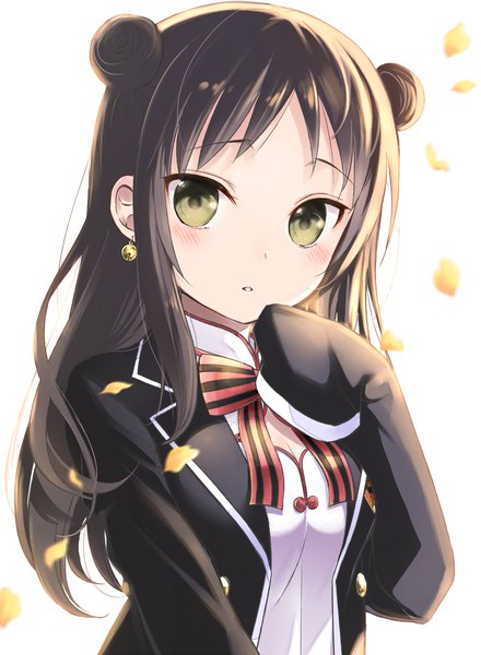 Anime picture 1500x2047 with kishuku gakkou no juliet lidenfilms wang teria natsupa single long hair tall image looking at viewer blush fringe breasts brown hair white background hair bun (hair buns) sleeves past wrists girl earrings bowtie leaf (leaves)