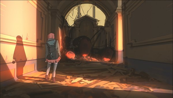 Anime picture 1400x798 with original snatti single wide image pink hair bent knee (knees) pleated skirt from behind shadow zettai ryouiki ruins broken girl skirt boots backpack