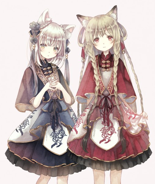 Anime picture 883x1045 with original oro ponzu long hair tall image looking at viewer fringe blonde hair simple background red eyes standing twintails multiple girls animal ears yellow eyes payot silver hair tail braid (braids) head tilt animal tail