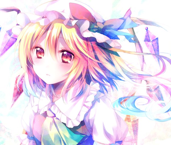 Anime picture 950x807 with touhou flandre scarlet riichu single blush short hair blonde hair red eyes white background looking away from above one side up girl wings bonnet crystal