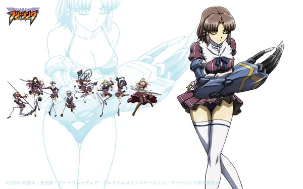 Anime picture 1680x1050 with freezing elizabeth mably chiffon fairchild short hair light erotic brown hair wide image white background eyes closed pantyshot group zoom layer mechanical parts girl thighhighs underwear panties white thighhighs serafuku