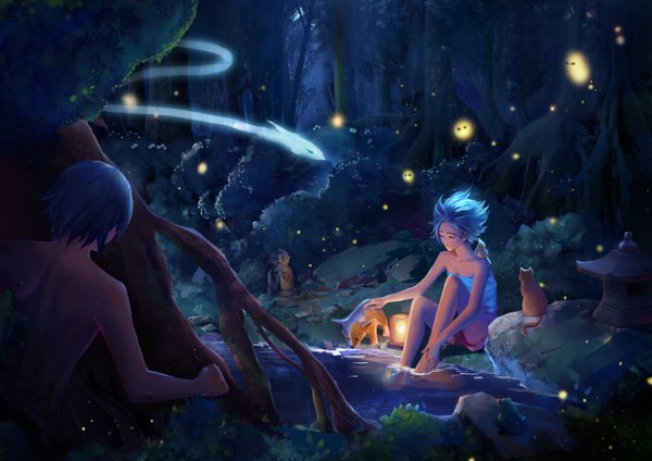 Anime-Bild 5659x4000 mit original tianran feicai highres short hair sitting blue hair absurdres from behind back bare back soaking feet girl boy plant (plants) animal tree (trees) cat forest dog creature