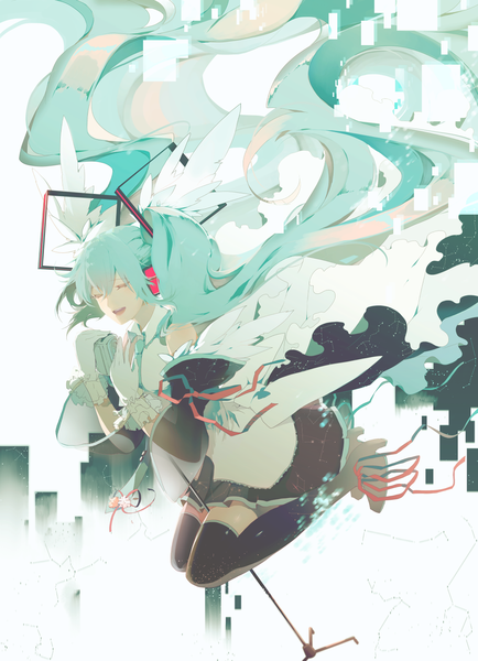 Anime picture 1186x1637 with vocaloid hatsune miku saihate (d3) single tall image fringe open mouth hair between eyes twintails full body bent knee (knees) eyes closed very long hair aqua hair floating hair jumping singing girl thighhighs gloves