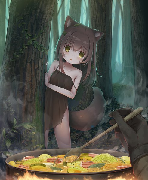 Anime picture 870x1060 with original psyche3313 long hair tall image looking at viewer blush fringe open mouth light erotic hair between eyes brown hair standing bare shoulders holding animal ears yellow eyes payot outdoors tail head tilt