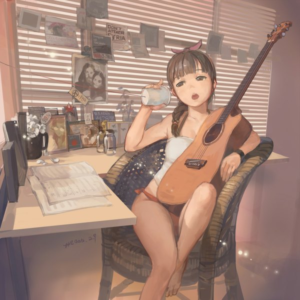 Anime picture 984x984 with original hjl single long hair blush fringe open mouth light erotic brown hair sitting brown eyes signed looking away bent knee (knees) braid (braids) head tilt bare legs no shoes lens flare single braid