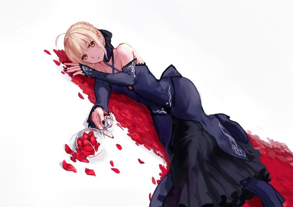 Anime picture 1748x1240 with fate (series) fate/stay night type-moon artoria pendragon (all) saber saber alter hfp kubiao single long hair looking at viewer highres simple background blonde hair white background bare shoulders holding yellow eyes ahoge lying braid (braids)
