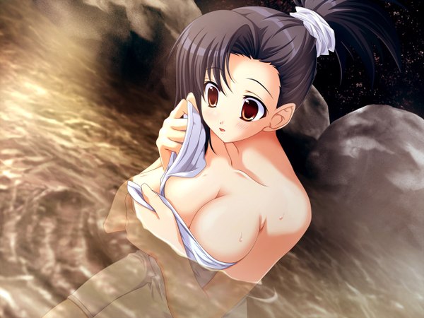 Anime picture 1280x960 with light erotic black hair ponytail towel onsen