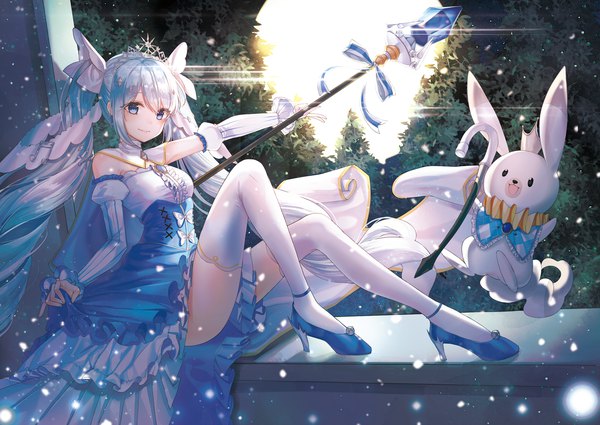 Anime picture 5008x3555 with vocaloid hatsune miku yuki miku rabbit yukine yuki miku (2019) ueng single highres blue eyes smile sitting twintails blue hair absurdres full body very long hair high heels outstretched arm snowing underbust