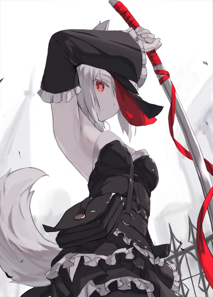 Anime-Bild 1295x1811 mit original mikisai single long hair tall image looking at viewer fringe hair between eyes red eyes standing holding animal ears outdoors white hair tail animal tail arm up wide sleeves armpit (armpits) between breasts