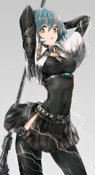 Anime picture 2219x4063 with original swav single tall image looking at viewer fringe highres short hair breasts open mouth simple background hair between eyes standing holding brown eyes blue hair pleated skirt grey background arms up covered navel