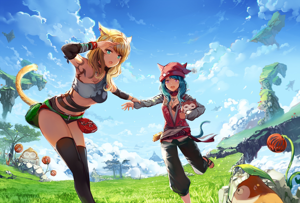 Anime picture 2100x1425 with final fantasy final fantasy xiv square enix miqo'te monk (fft) natsumoka long hair highres open mouth blue eyes blonde hair purple eyes multiple girls animal ears cloud (clouds) tail animal tail cat ears aqua hair cat tail