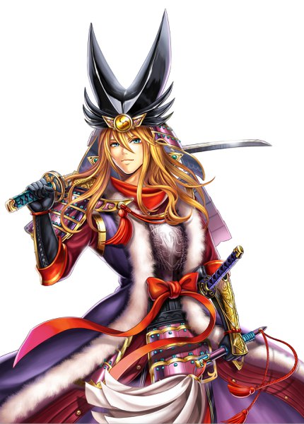 Anime picture 1734x2417 with original madopen single long hair tall image looking at viewer fringe highres blue eyes blonde hair simple background hair between eyes standing white background holding traditional clothes japanese clothes light smile fur trim weapon over shoulder
