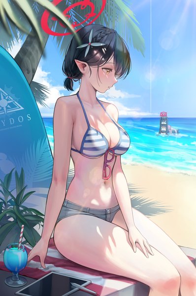Anime picture 2227x3357 with blue archive hoshino (blue archive) serika (blue archive) hoshino (swimsuit) (blue archive) ayane (blue archive) serika (swimsuit) (blue archive) ayane (swimsuit) (blue archive) dong ji long hair tall image blush fringe highres short hair breasts light erotic black hair hair between eyes sitting multiple girls