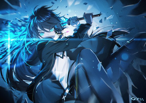Anime picture 1650x1167 with original qian ye (qys3) qys3 single long hair looking at viewer fringe black hair hair between eyes holding signed bent knee (knees) aqua eyes open jacket facial mark glowing glowing eye (eyes) covered mouth girl weapon