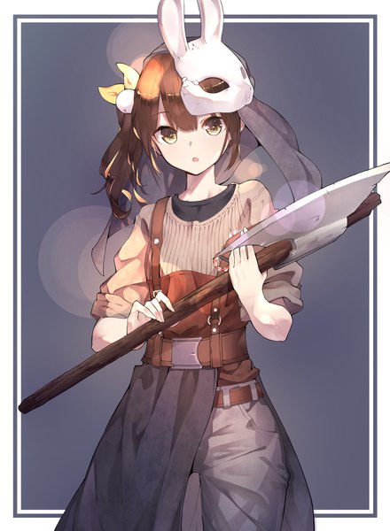 Anime picture 1300x1771 with dead by daylight tam tamborine se.a single long hair tall image looking at viewer fringe open mouth simple background hair between eyes brown hair standing holding yellow eyes payot blunt bangs :o lens flare side ponytail