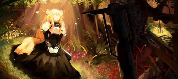 Anime picture 3600x1600 with arknights nearl (arknights) siyuesishiba long hair fringe highres open mouth blonde hair wide image sitting animal ears full body outdoors tail eyes closed animal tail sunlight sunbeam girl dress