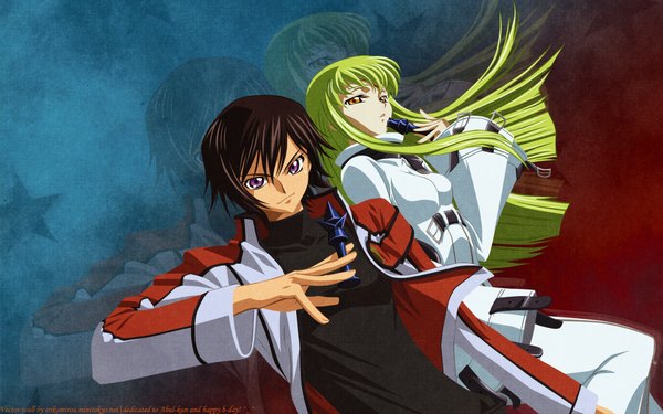 Anime picture 1920x1200 with code geass sunrise (studio) c.c. lelouch lamperouge long hair looking at viewer fringe highres short hair brown hair wide image purple eyes yellow eyes parted lips green hair light smile blue background girl boy