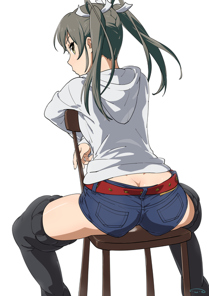 Anime picture 848x1200 with kantai collection zuikaku aircraft carrier suna (artist) single long hair tall image light erotic simple background white background twintails brown eyes profile grey hair girl thighhighs black thighhighs shorts short shorts
