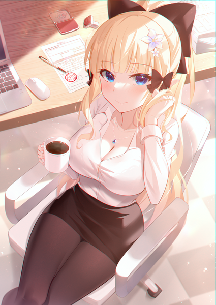 Anime picture 2149x3035 with princess connect! re:dive princess connect! saren (princess connect!) black fire (peter02713) single long hair tall image looking at viewer blush fringe highres breasts blue eyes blonde hair smile large breasts sitting holding payot cleavage