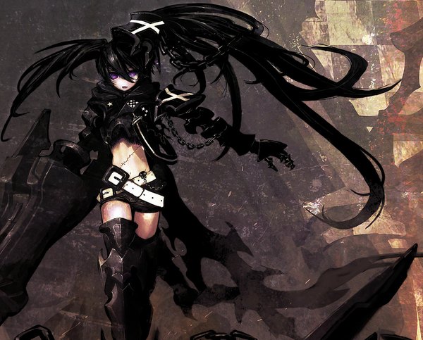 Anime picture 1100x886 with black rock shooter black rock shooter (character) insane black rock shooter huke long hair black hair purple eyes twintails scar girl weapon shorts chain bikini top