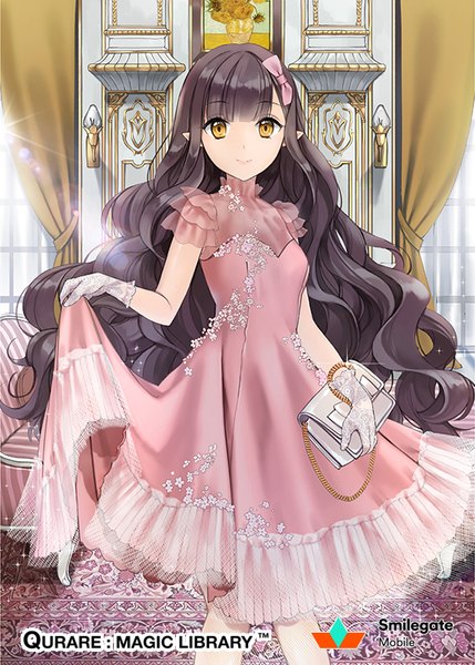 Anime picture 572x800 with qurare: magic library lola (qurare) ice (ice aptx) single long hair tall image looking at viewer blush fringe breasts black hair standing holding yellow eyes indoors blunt bangs light smile lips pointy ears official art