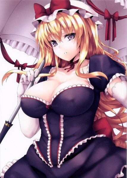 Anime picture 1425x2000 with touhou yakumo yukari single tall image looking at viewer fringe breasts light erotic blonde hair purple eyes holding cleavage flat chest girl dress gloves ribbon (ribbons) bow hat elbow gloves