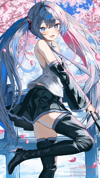 Anime picture 720x1280 with vocaloid hatsune miku shirubaa single long hair tall image looking at viewer blush fringe open mouth blue eyes smile hair between eyes standing twintails bare shoulders holding sky cloud (clouds) bent knee (knees)