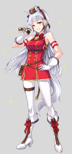 Anime picture 944x2000 with umamusume gold ship (umamusume) juna single long hair tall image looking at viewer fringe standing animal ears silver hair full body tail blunt bangs animal tail hand on hip horse ears horse tail sunglasses removed girl