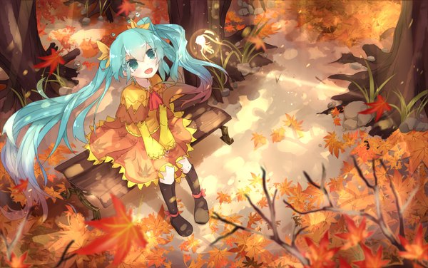 Anime picture 1850x1162 with vocaloid hatsune miku qys3 single highres open mouth sitting twintails multicolored hair aqua eyes aqua hair alternate costume happy gradient hair fantasy autumn fairy girl dress leaf (leaves)