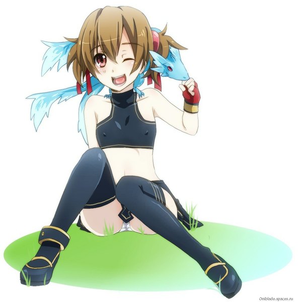 Anime picture 1000x1000 with sword art online a-1 pictures silica pina (sao) open mouth light erotic blonde hair red eyes sitting twintails bare shoulders one eye closed wink bare belly sleeveless short twintails pantyshot sitting girl thighhighs gloves