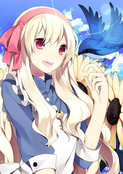 Anime picture 579x820 with kagerou project shaft (studio) mary (kagerou project) hijiri (resetter) single long hair tall image open mouth blonde hair red eyes looking away sky cloud (clouds) white hair :d sunlight bird on hand girl flower (flowers) ribbon (ribbons)