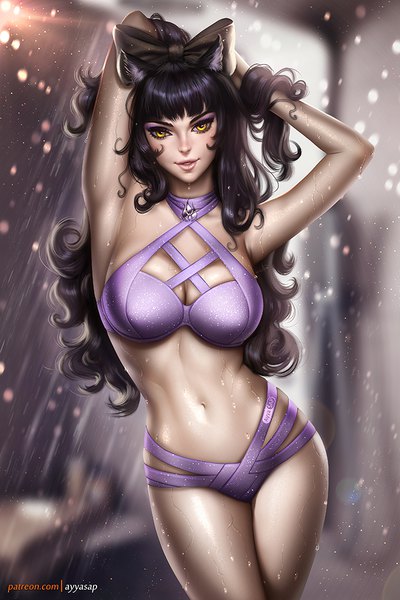 Anime picture 667x1000 with rwby rooster teeth blake belladonna ayyasap single long hair tall image looking at viewer fringe breasts light erotic black hair large breasts standing signed animal ears yellow eyes blunt bangs lips blurry