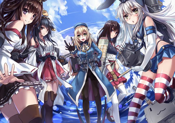 Anime picture 1132x800 with kantai collection shimakaze destroyer kongou battleship rensouhou-chan haruna battleship atago heavy cruiser akagi aircraft carrier kamiljm long hair open mouth black hair blonde hair brown hair purple eyes multiple girls brown eyes yellow eyes sky cloud (clouds) white hair