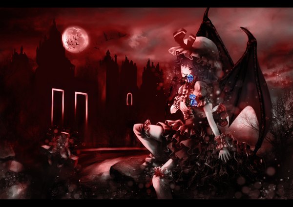 Anime picture 1984x1403 with touhou remilia scarlet kirigo (artist) highres short hair black hair red eyes sitting mouth hold bat wings red moon girl dress bow hat wings rose (roses) cross blue rose bat