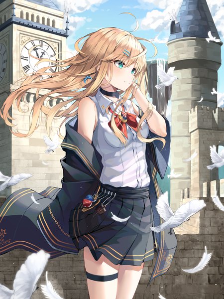 Anime picture 3000x4000 with original kerno single long hair tall image blush fringe highres blue eyes blonde hair smile hair between eyes standing sky cloud (clouds) ahoge outdoors pleated skirt arm up wind