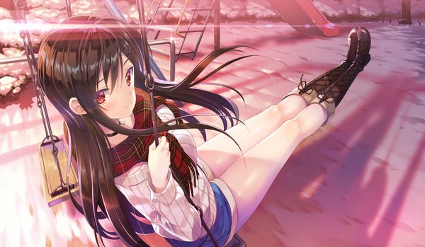 Anime picture 2010x1170 with study steady omaezaki yuu emily (pure dream) single long hair looking at viewer blush fringe highres breasts black hair smile hair between eyes red eyes wide image sitting holding game cg full body outdoors