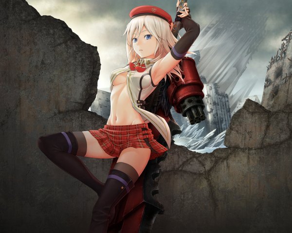 Anime picture 1349x1079 with god eater god eater burst ufotable alisa ilinichina amiella ju go (toamariitutu) single long hair breasts blue eyes light erotic holding bent knee (knees) white hair parted lips ruins girl thighhighs skirt navel weapon