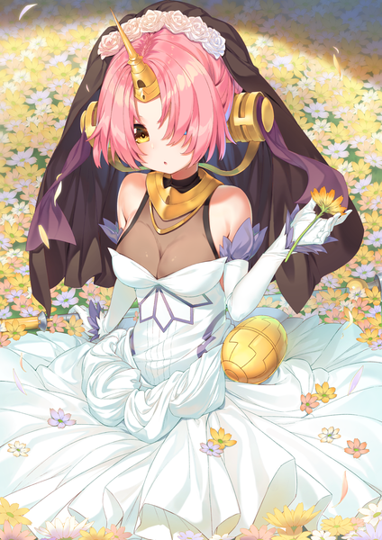 Anime picture 1500x2122 with fate (series) fate/apocrypha frankenstein's monster (fate) tofu1601 single tall image looking at viewer blush fringe short hair breasts bare shoulders yellow eyes pink hair horn (horns) hair over one eye :o heterochromia girl dress