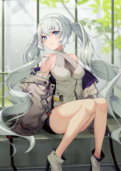 Anime picture 2228x3144 with original ikomochi single tall image looking at viewer blush fringe highres breasts open mouth blue eyes light erotic hair between eyes sitting twintails bare shoulders payot silver hair bent knee (knees) indoors