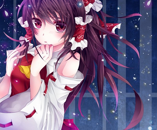 Anime picture 1000x825 with touhou hakurei reimu rukito single long hair looking at viewer blush red eyes brown hair bare shoulders girl bow hair bow detached sleeves