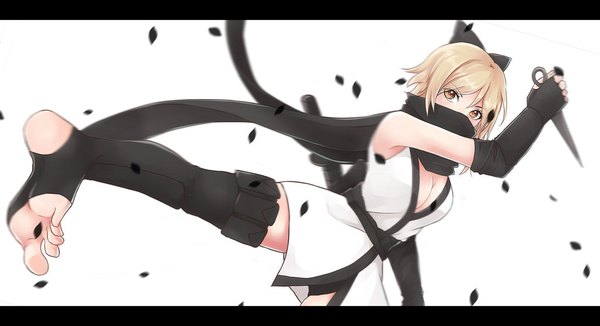 Anime picture 1024x557 with fate (series) okita souji (fate) (all) okita souji (koha-ace) akashicchan single looking at viewer short hair breasts blonde hair simple background wide image standing holding yellow eyes cleavage barefoot letterboxed soles covered mouth fighting stance