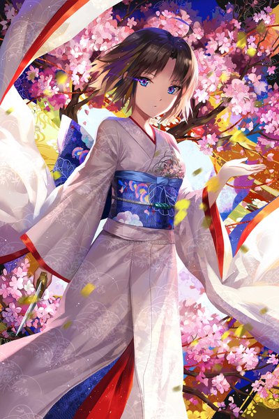 Anime picture 1280x1920 with kara no kyoukai type-moon ryougi shiki kyurin (sunnydelight) single tall image looking at viewer fringe short hair breasts blue eyes black hair red eyes standing holding ahoge traditional clothes japanese clothes wind blurry