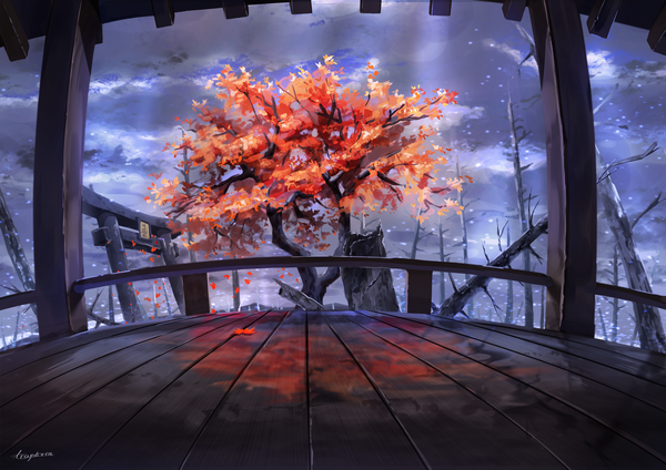 Anime picture 5733x4050 with original hamanashi (trapiorra) highres signed absurdres cloud (clouds) sunlight no people revision bare tree autumn plant (plants) tree (trees) leaf (leaves) autumn leaves torii maple leaf