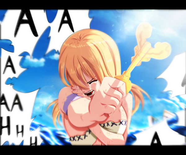 Anime picture 5495x4584 with fairy tail lucy heartfilia nuclearagent single long hair highres breasts open mouth light erotic blonde hair large breasts absurdres sky cloud (clouds) eyes closed sunlight tears coloring torn clothes letterboxed