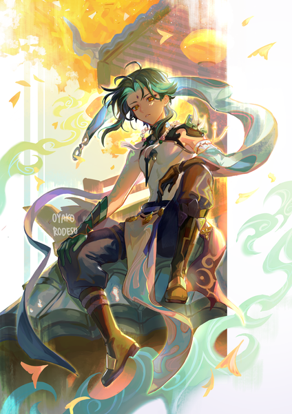 Anime picture 1240x1754 with genshin impact xiao (genshin impact) oyakorodesu single tall image short hair sitting signed yellow eyes full body outdoors green hair from below forehead mark boy roof